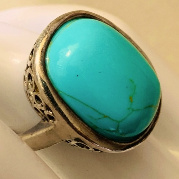Gorgeous Sterling Silver Turquoise Filigree Circle Ring Size 6 Vintage - Picture 4 of 11